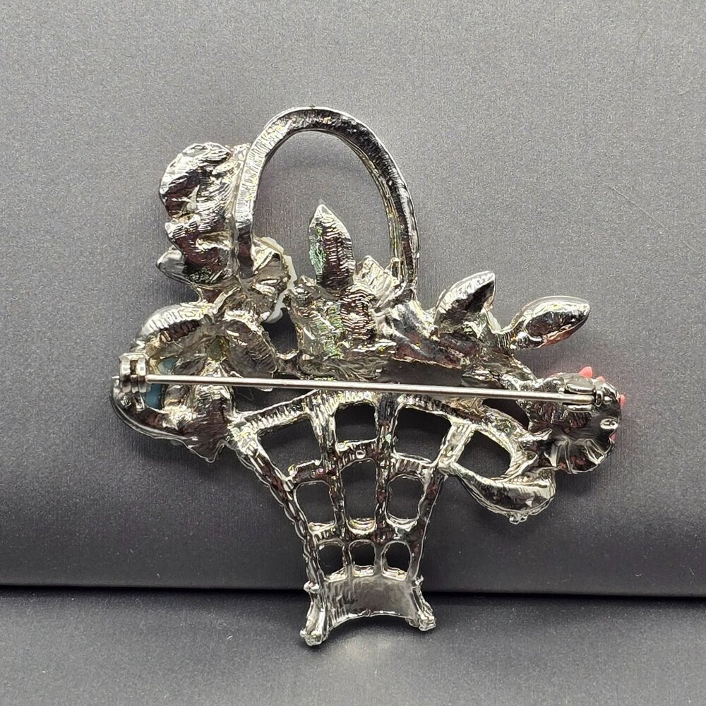 VTG Carved Lucite Flower Basket Brooch Silver Tone Pastel Blue Pink White 2.5" - Picture 4 of 9